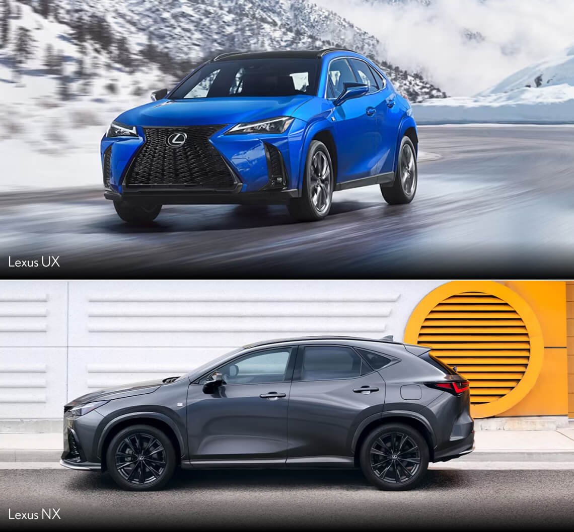 A blue Lexus RZ parked in front of a mountain backdrop