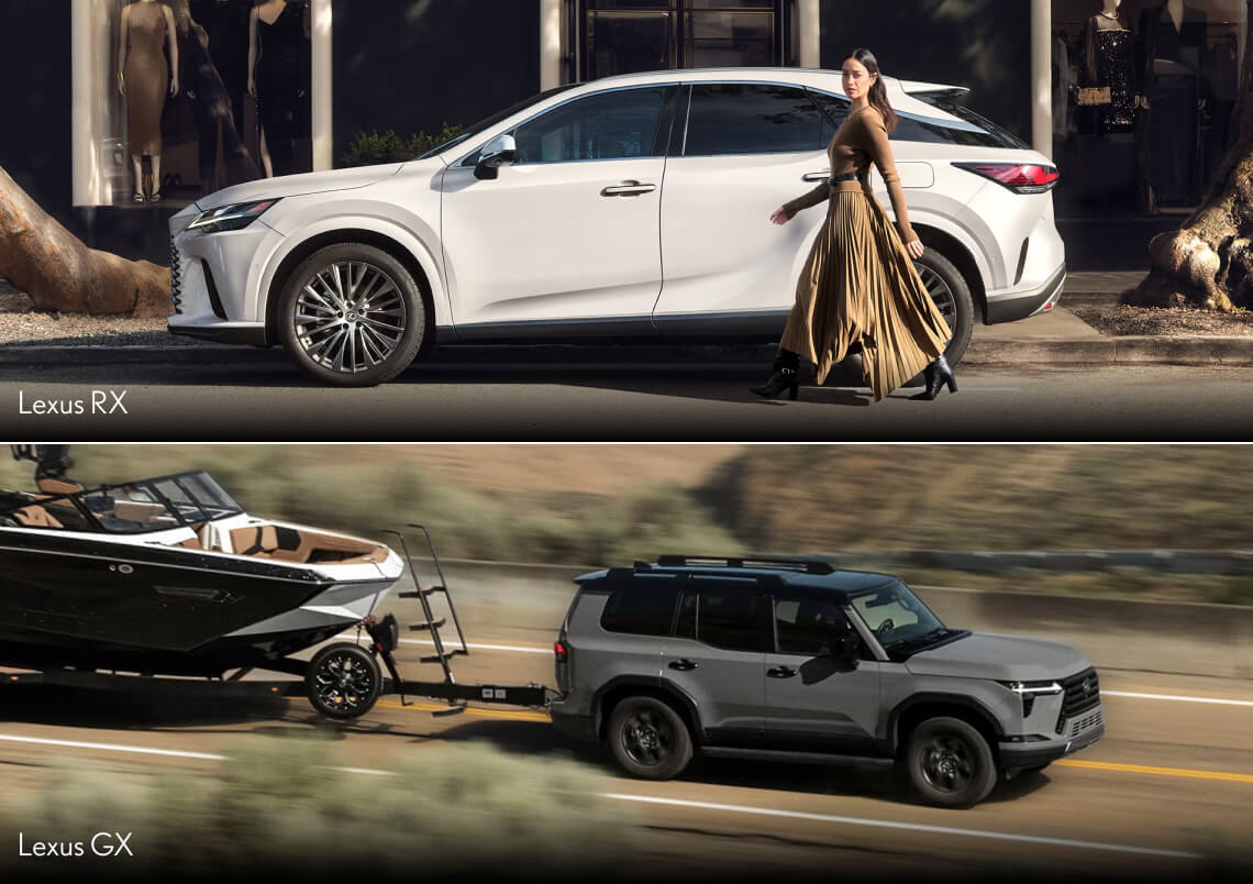 A white Lexus RX parked on a city street. A Grey Lexus GX towing a boat down a highway