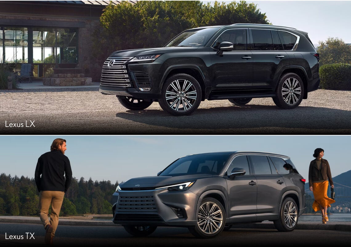 A dark gray Lexus LX parked in front of an upscale home. A dark gray Lexus TX parked lakeside